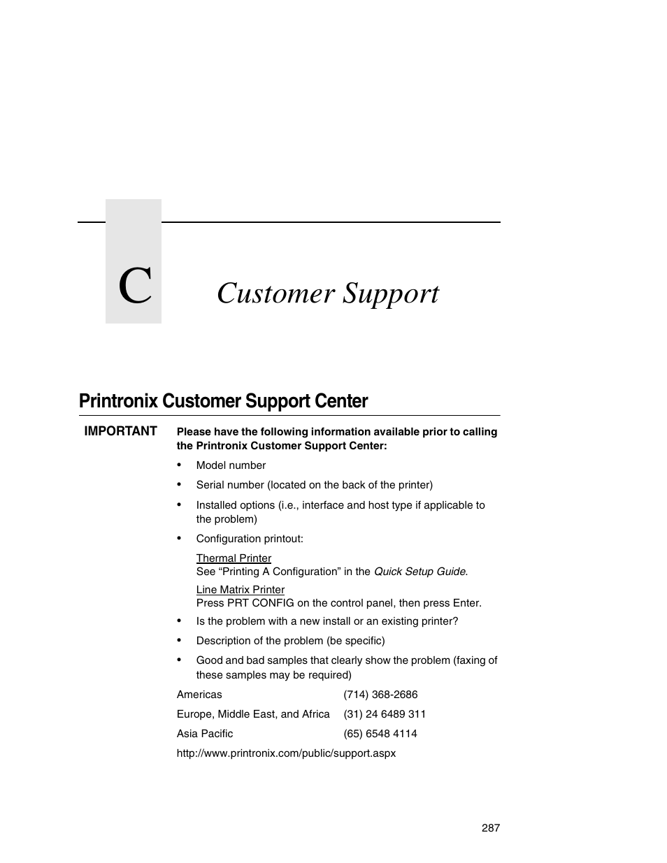 C customer support, Printronix customer support center, Customer support | Printronix Integrated Network Interface Card User Manual | Page 291 / 310