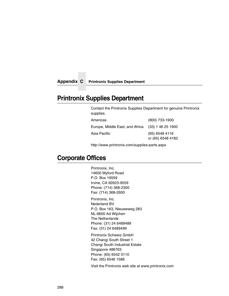 Printronix supplies department, Corporate offices | Printronix Integrated Network Interface Card User Manual | Page 292 / 310