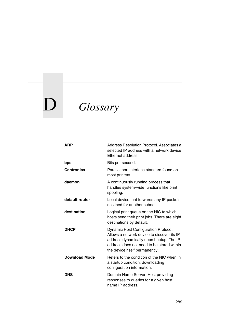 D glossary, Glossary | Printronix Integrated Network Interface Card User Manual | Page 293 / 310