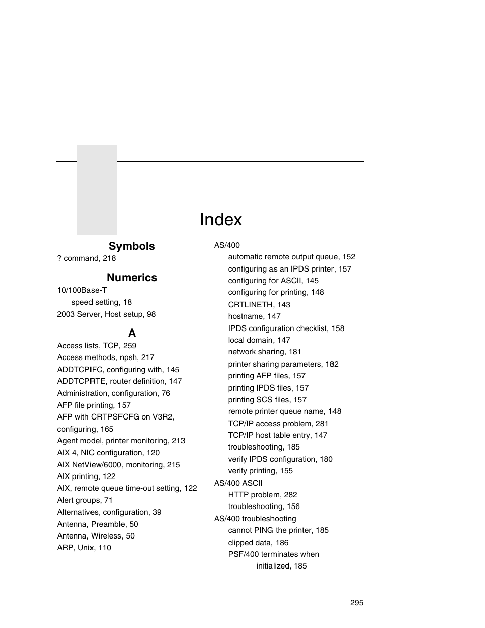 Symbols, Numerics, Index | Printronix Integrated Network Interface Card User Manual | Page 299 / 310