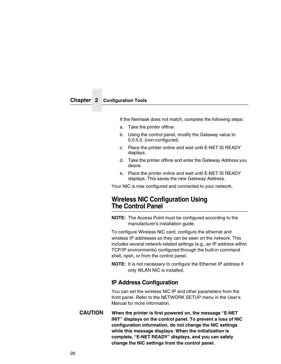 Wireless nic configuration using the control panel, Ip address configuration | Printronix Integrated Network Interface Card User Manual | Page 30 / 310