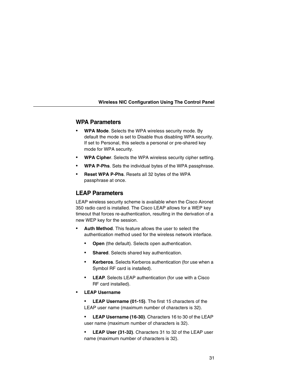 Wpa parameters, Leap parameters | Printronix Integrated Network Interface Card User Manual | Page 35 / 310