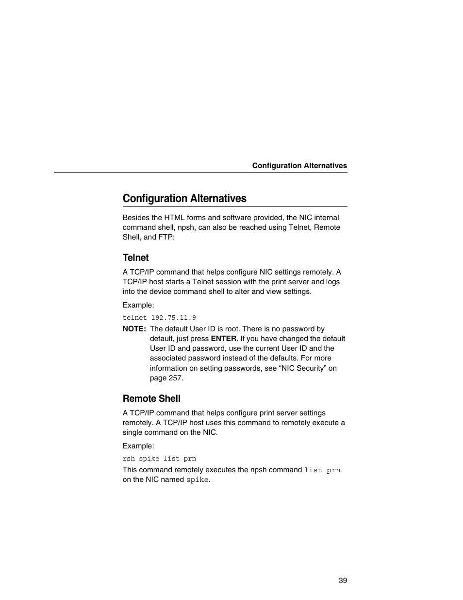 Configuration alternatives, Telnet, Remote shell | Printronix Integrated Network Interface Card User Manual | Page 43 / 310