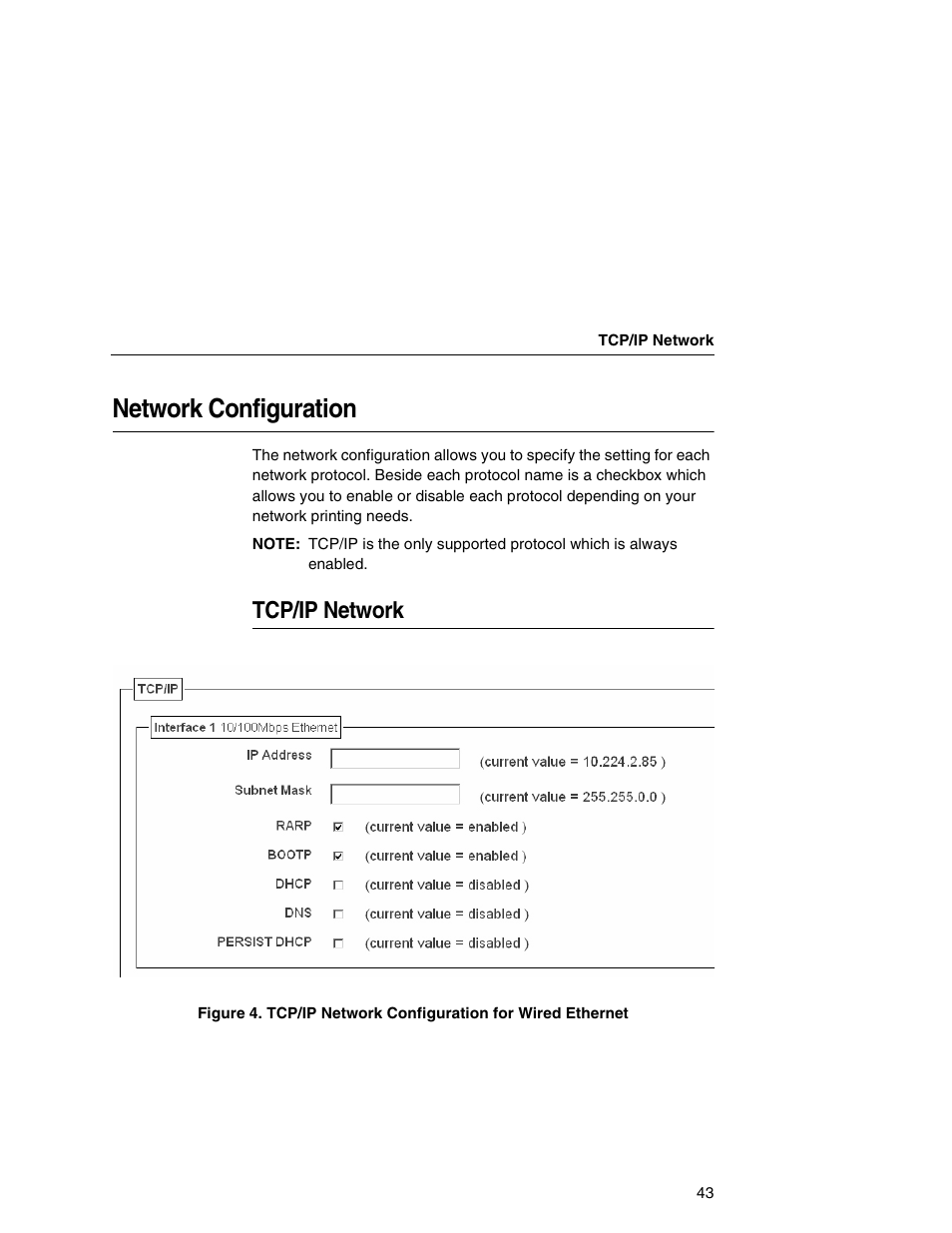 Network configuration, Tcp/ip network | Printronix Integrated Network Interface Card User Manual | Page 47 / 310