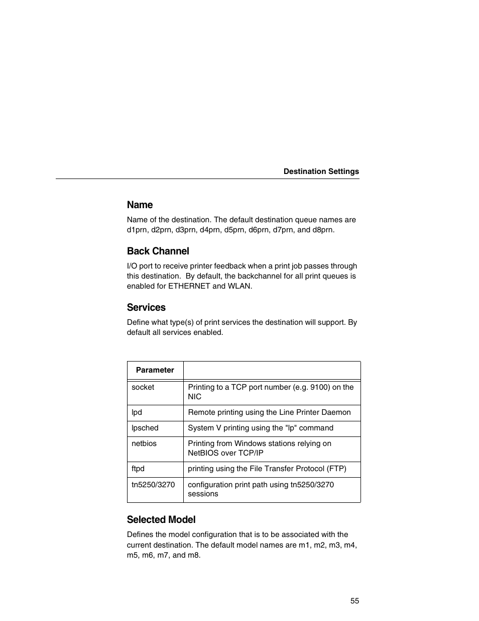 Name, Back channel, Services | Selected model | Printronix Integrated Network Interface Card User Manual | Page 59 / 310