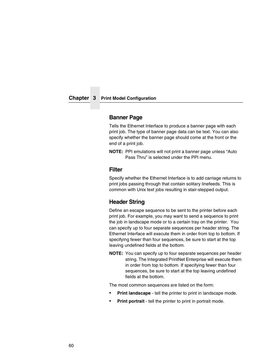 Banner page, Filter, Header string | Printronix Integrated Network Interface Card User Manual | Page 64 / 310