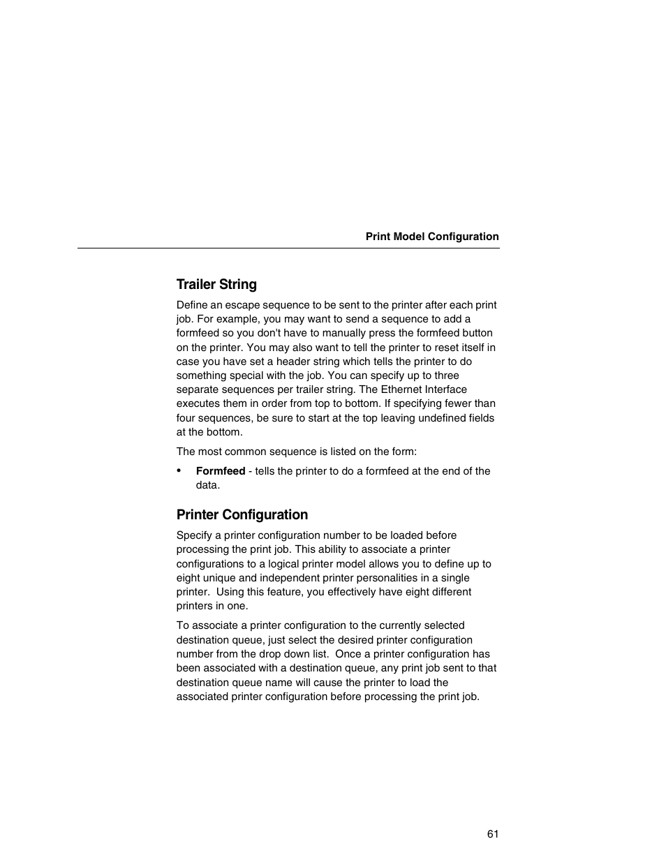 Trailer string, Printer configuration | Printronix Integrated Network Interface Card User Manual | Page 65 / 310