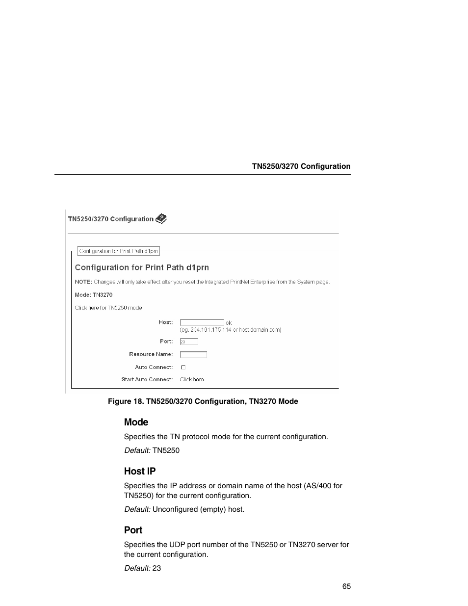 Mode, Host ip, Port | Printronix Integrated Network Interface Card User Manual | Page 69 / 310