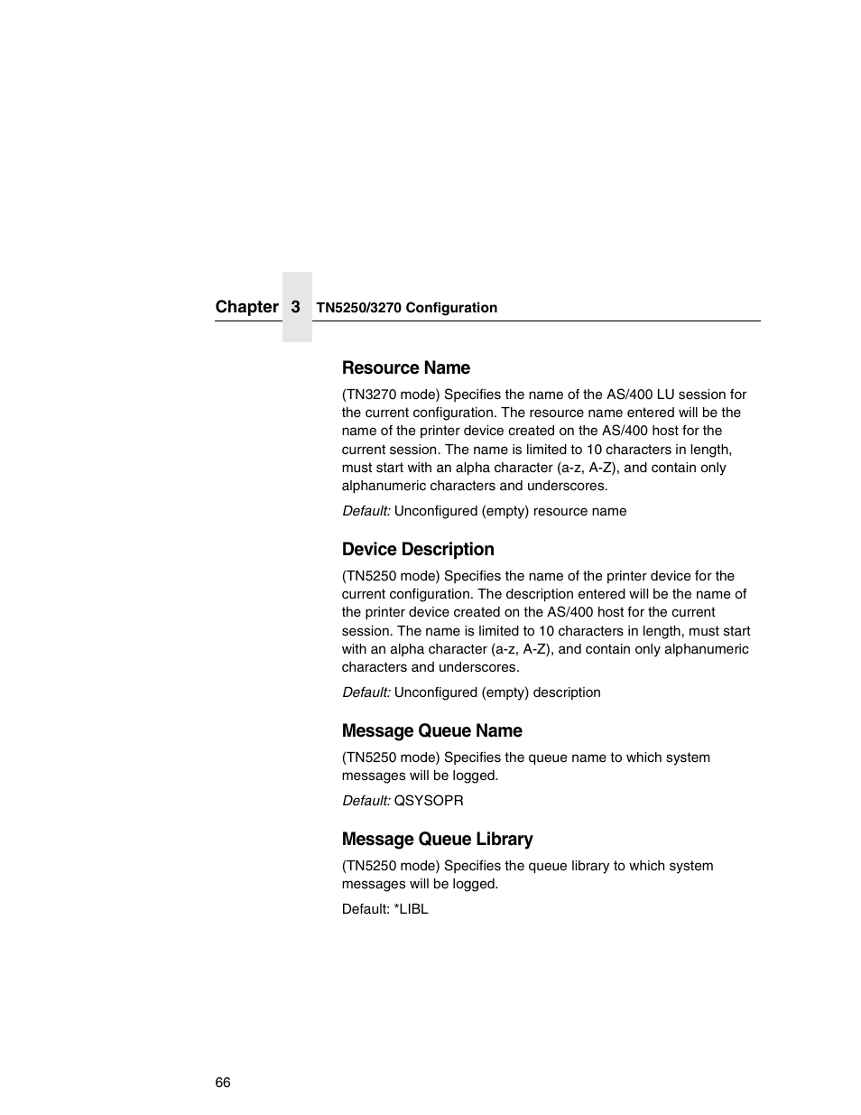 Resource name, Device description, Message queue name | Message queue library | Printronix Integrated Network Interface Card User Manual | Page 70 / 310