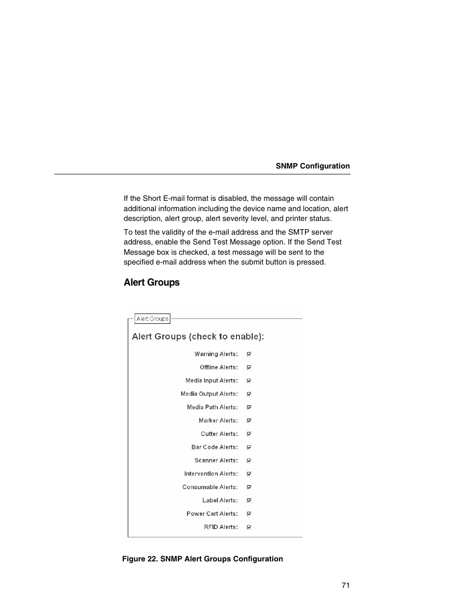 Alert groups | Printronix Integrated Network Interface Card User Manual | Page 75 / 310