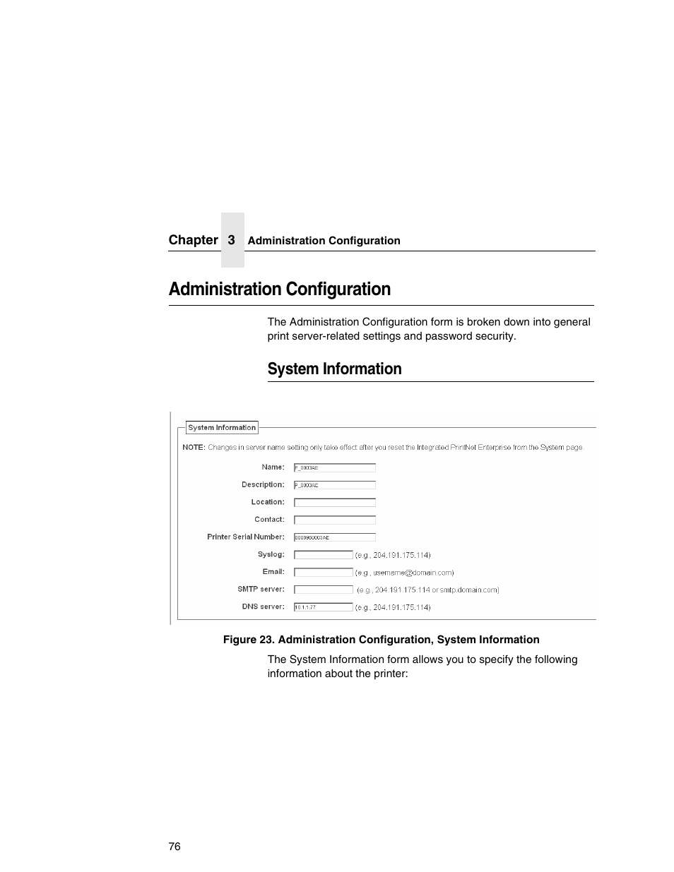 Administration configuration, System information | Printronix Integrated Network Interface Card User Manual | Page 80 / 310