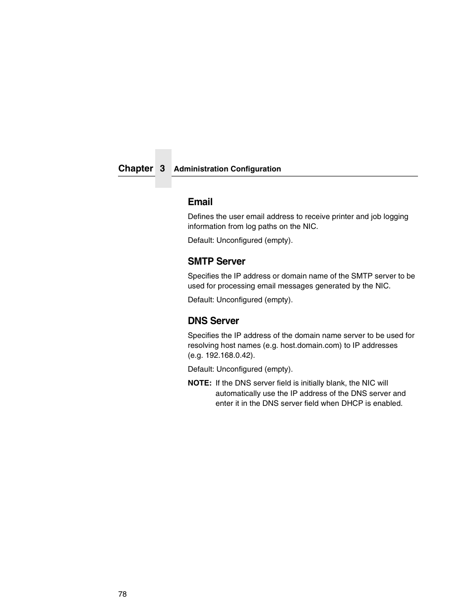 Email, Smtp server, Dns server | Printronix Integrated Network Interface Card User Manual | Page 82 / 310