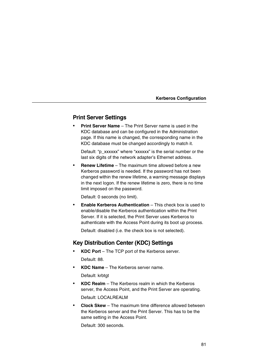 Print server settings, Key distribution center (kdc) settings | Printronix Integrated Network Interface Card User Manual | Page 85 / 310