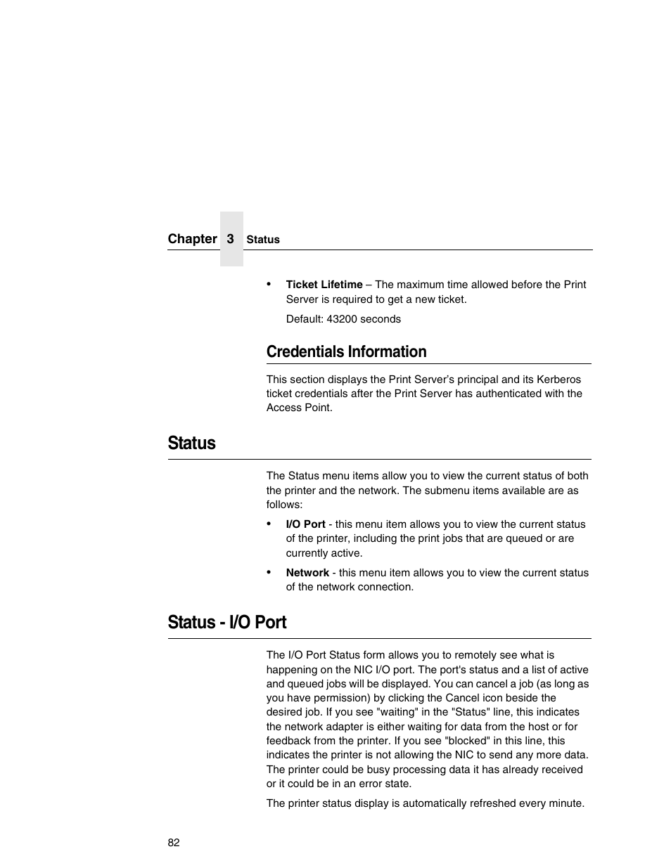 Credentials information, Status, Status - i/o port | Printronix Integrated Network Interface Card User Manual | Page 86 / 310