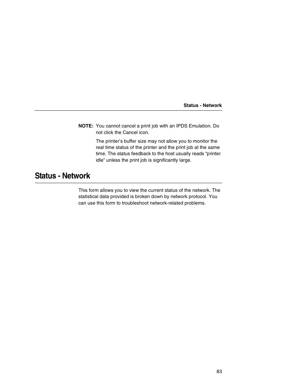 Status - network | Printronix Integrated Network Interface Card User Manual | Page 87 / 310