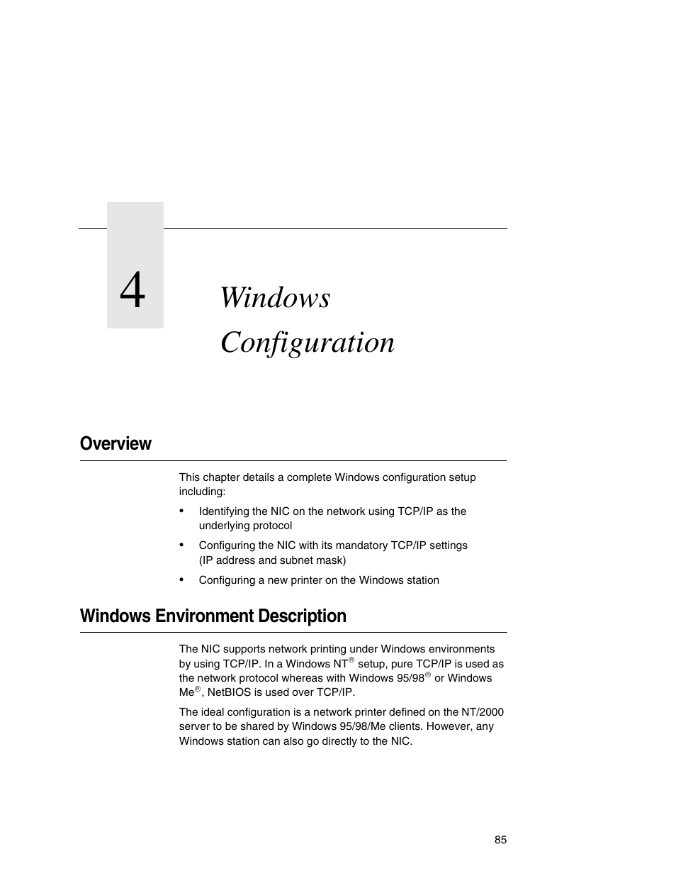 4 windows configuration, Overview, Windows environment description | Windows configuration | Printronix Integrated Network Interface Card User Manual | Page 89 / 310