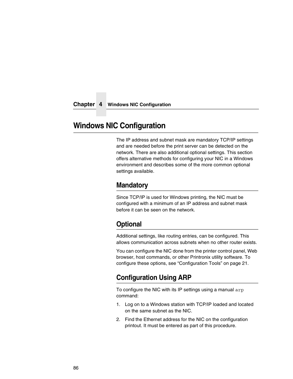 Windows nic configuration, Mandatory, Optional | Configuration using arp | Printronix Integrated Network Interface Card User Manual | Page 90 / 310