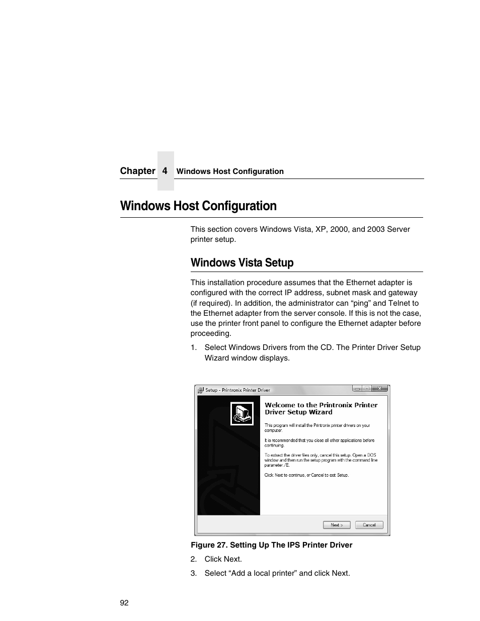 Windows host configuration, Windows vista setup | Printronix Integrated Network Interface Card User Manual | Page 96 / 310