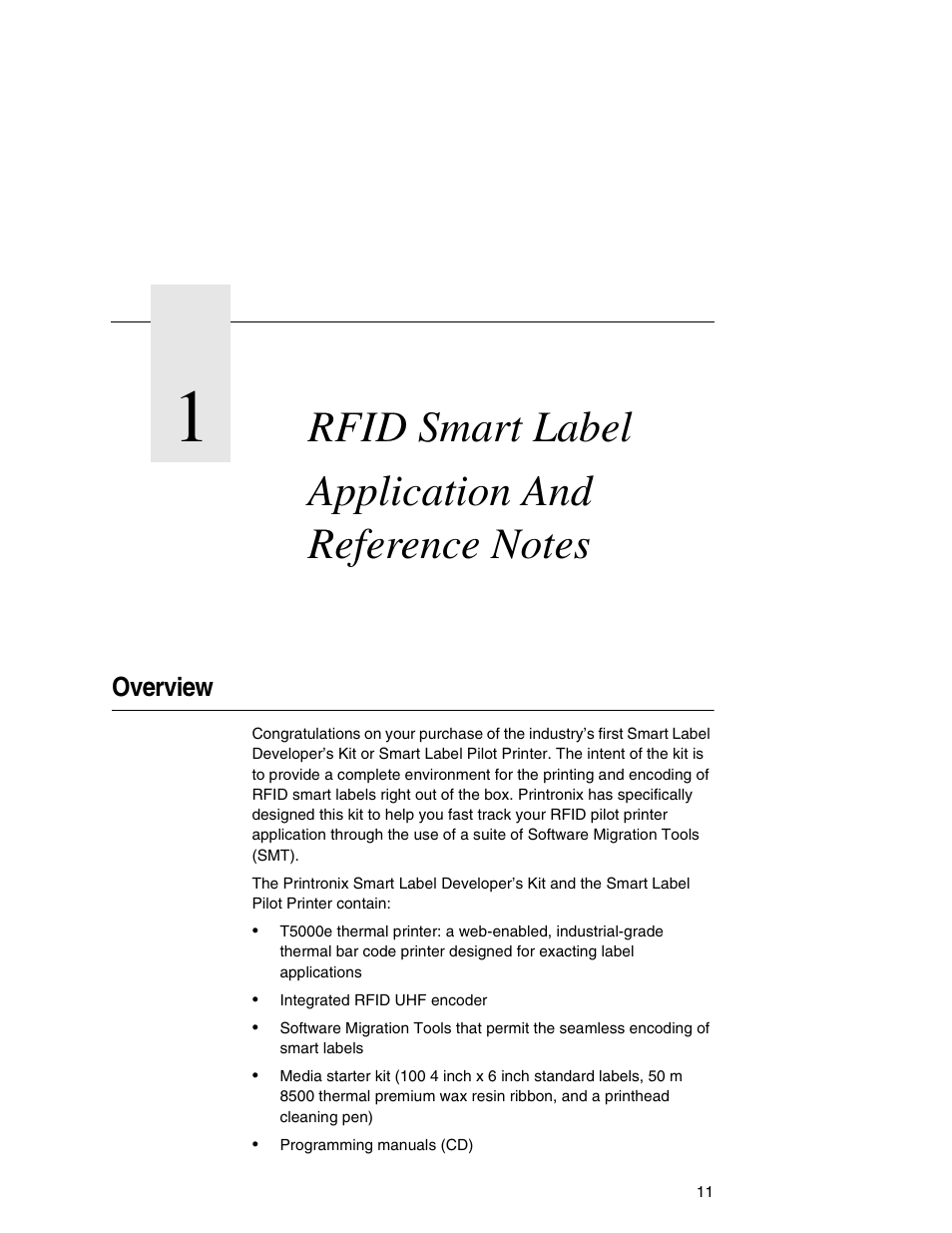 1 rfid smart label application and reference notes, Overview, 1 rfid smart label application | And reference notes | Printronix T5000e User Manual | Page 11 / 76