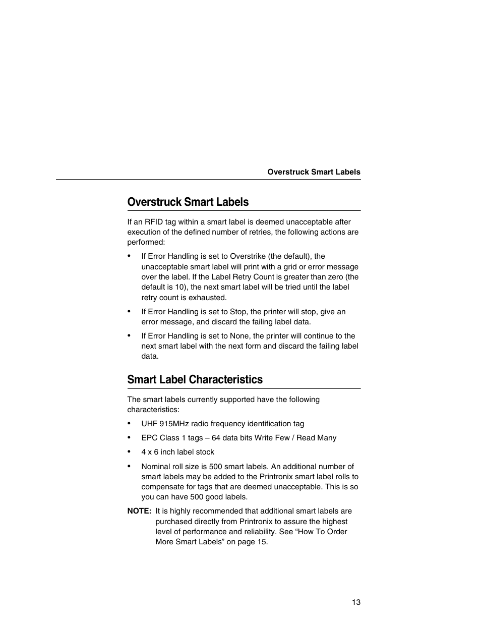 Overstruck smart labels, Smart label characteristics | Printronix T5000e User Manual | Page 13 / 76