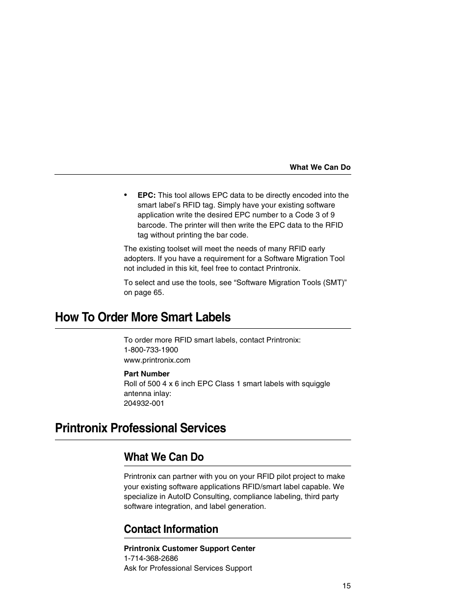 How to order more smart labels, Printronix professional services, What we can do | Contact information | Printronix T5000e User Manual | Page 15 / 76