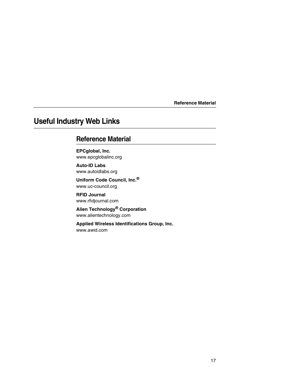 Useful industry web links, Reference material | Printronix T5000e User Manual | Page 17 / 76