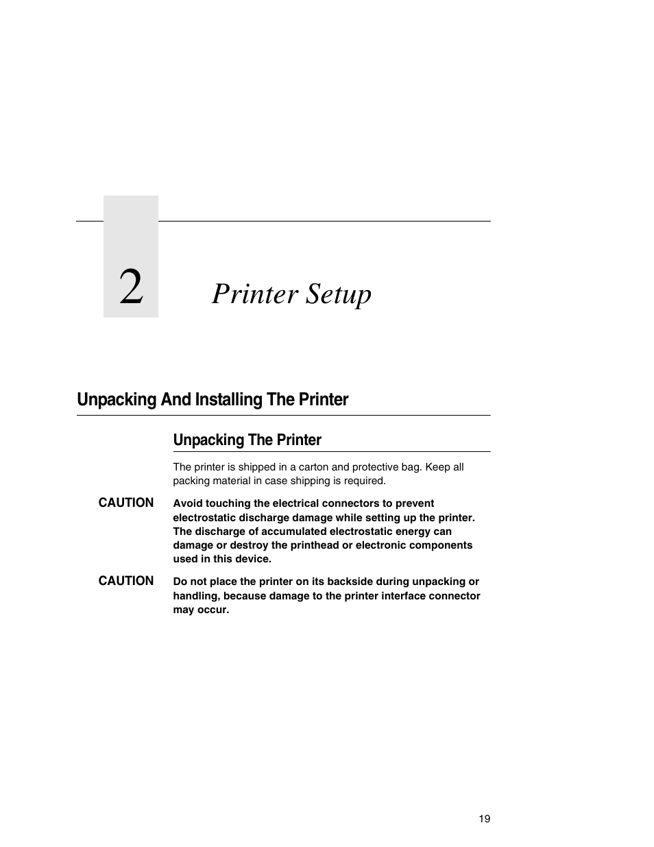 2 printer setup, Unpacking and installing the printer, Unpacking the printer | Printer setup | Printronix T5000e User Manual | Page 19 / 76