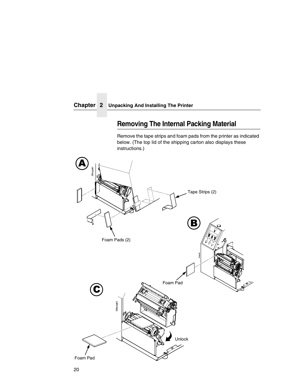 Removing the internal packing material, Ab c | Printronix T5000e User Manual | Page 20 / 76