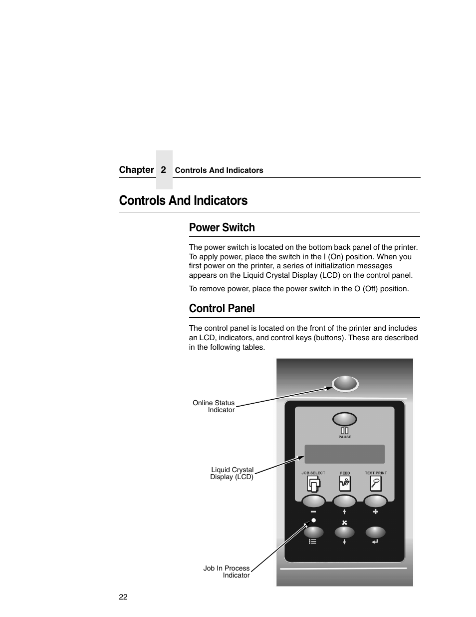 Controls and indicators, Power switch, Control panel | Printronix T5000e User Manual | Page 22 / 76