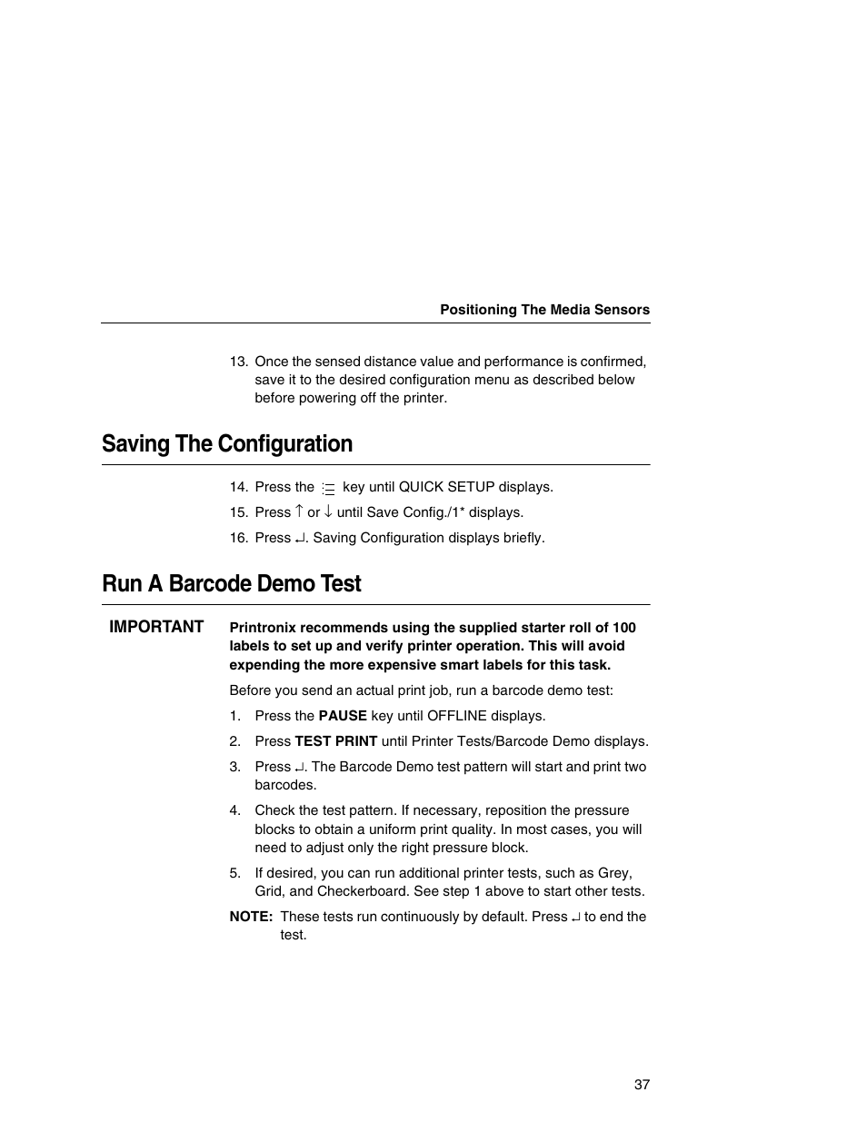 Saving the configuration, Run a barcode demo test | Printronix T5000e User Manual | Page 37 / 76