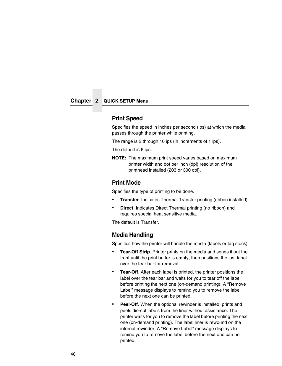 Print speed, Print mode, Media handling | Printronix T5000e User Manual | Page 40 / 76