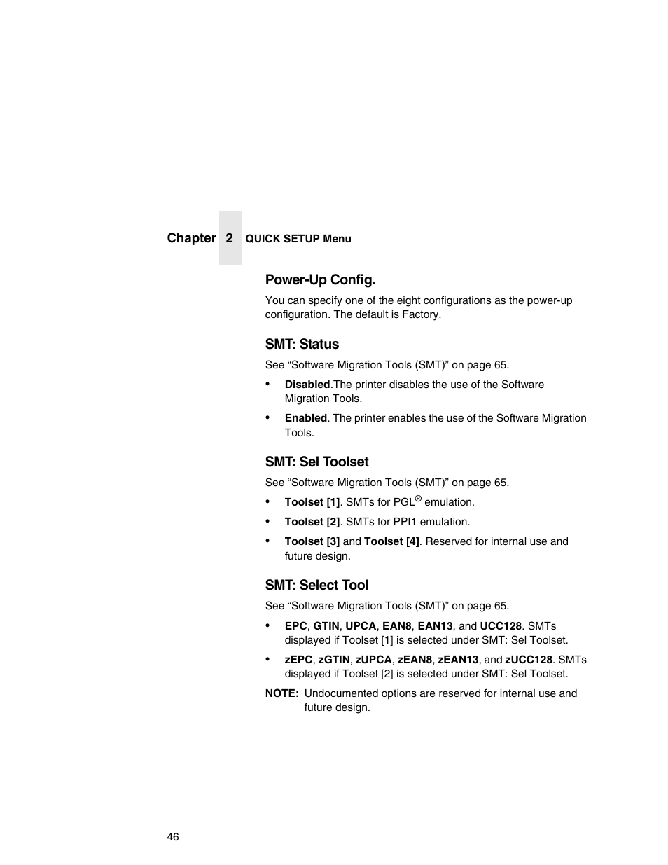 Power-up config, Smt: status, Smt: sel toolset | Smt: select tool | Printronix T5000e User Manual | Page 46 / 76