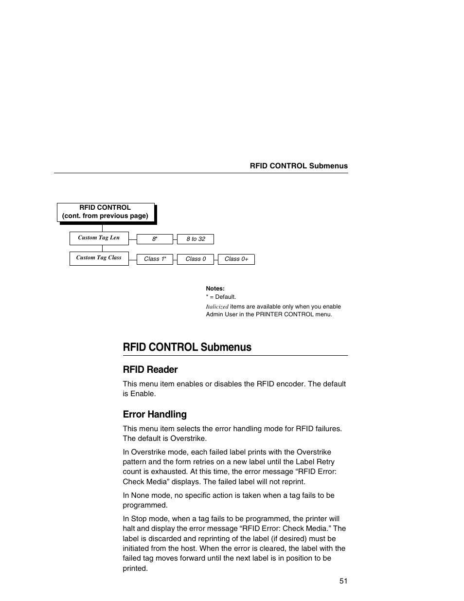 Rfid control submenus, Rfid reader, Error handling | Printronix T5000e User Manual | Page 51 / 76