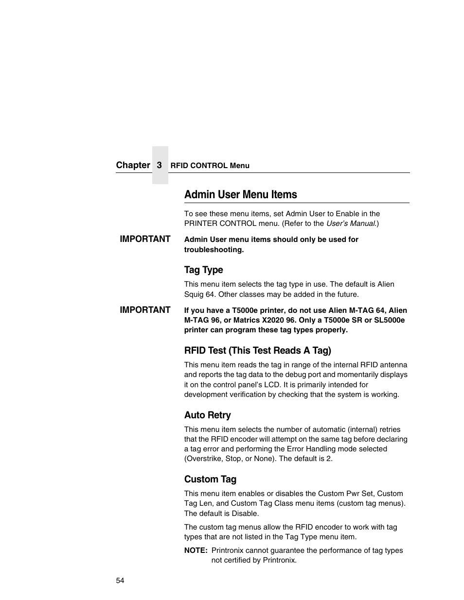 Admin user menu items | Printronix T5000e User Manual | Page 54 / 76