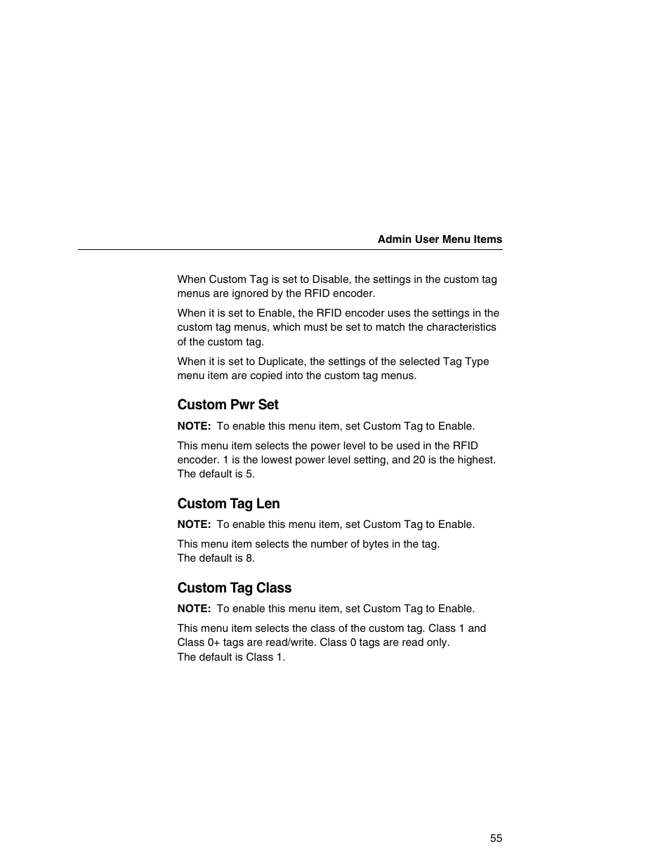 Custom pwr set, Custom tag len, Custom tag class | Printronix T5000e User Manual | Page 55 / 76