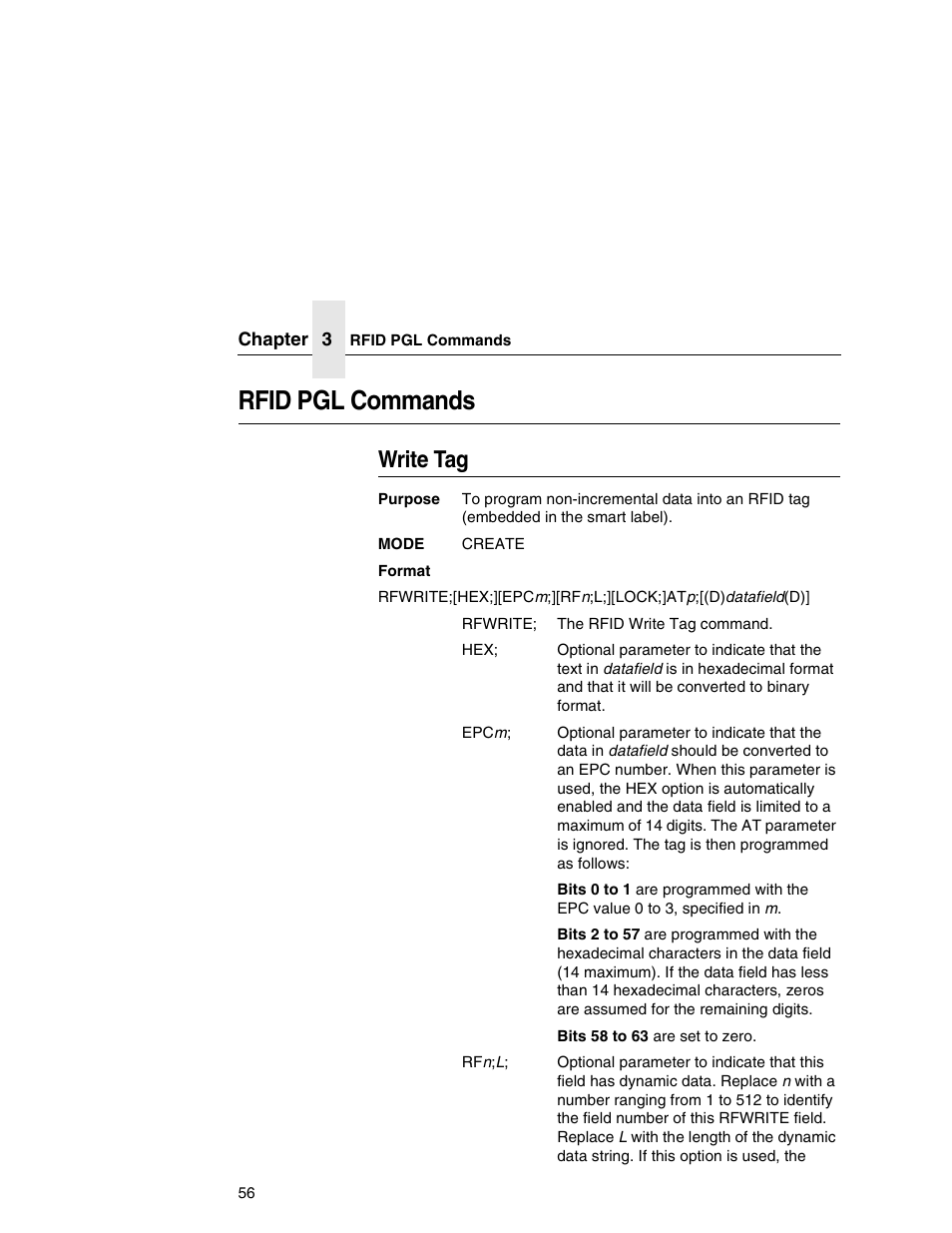 Rfid pgl commands, Write tag | Printronix T5000e User Manual | Page 56 / 76