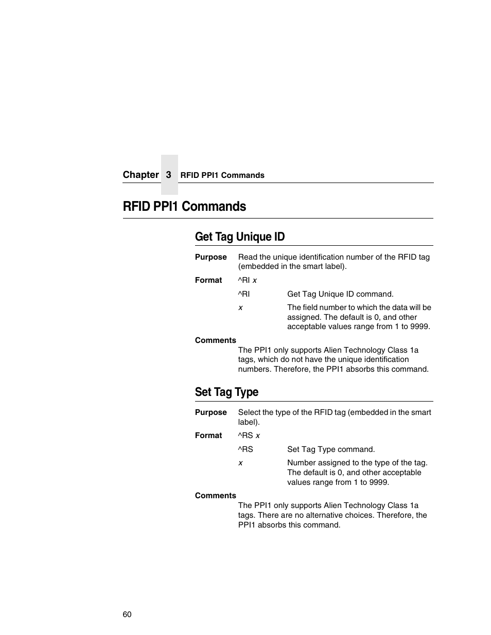 Rfid ppi1 commands, Get tag unique id, Set tag type | Printronix T5000e User Manual | Page 60 / 76