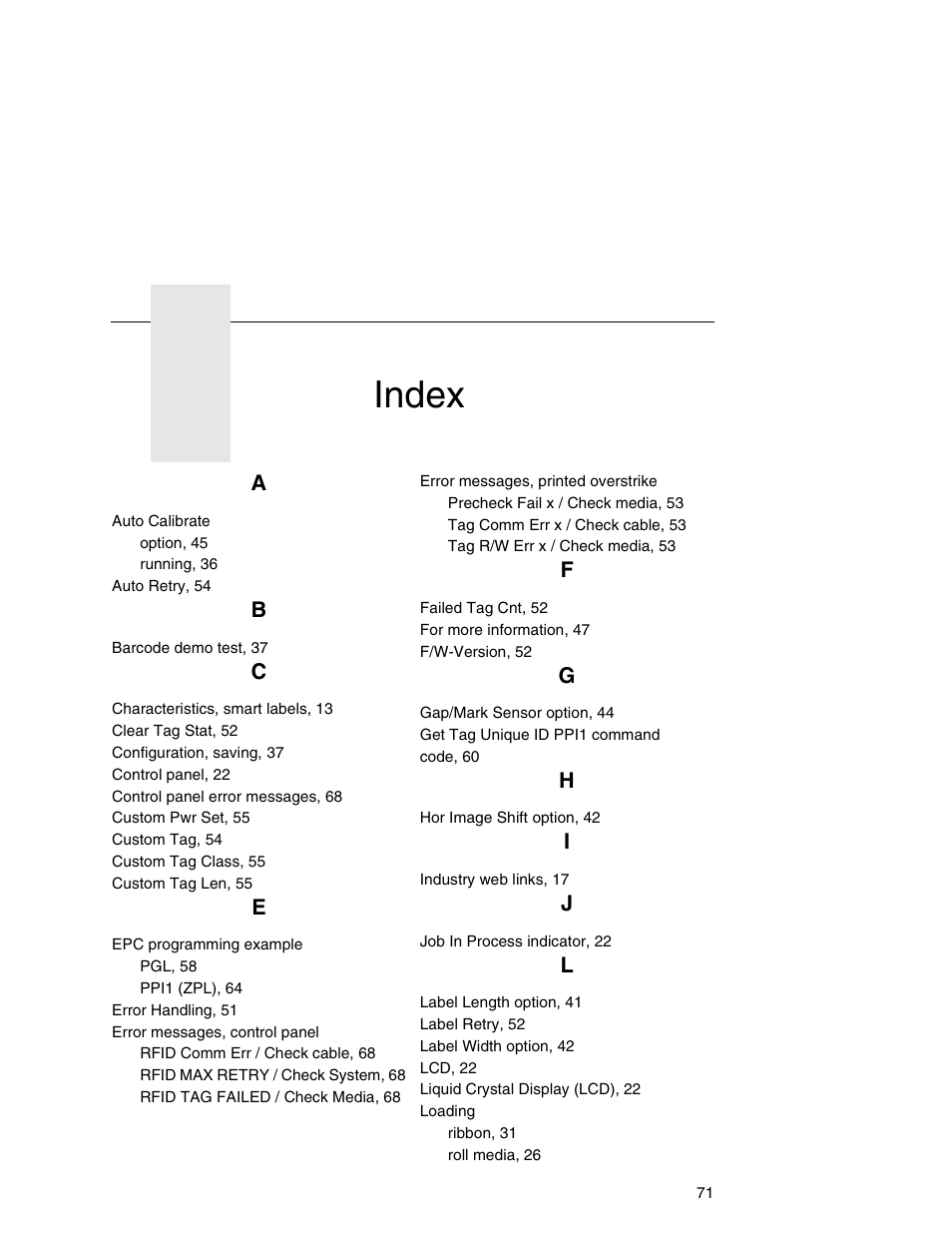 Index | Printronix T5000e User Manual | Page 71 / 76