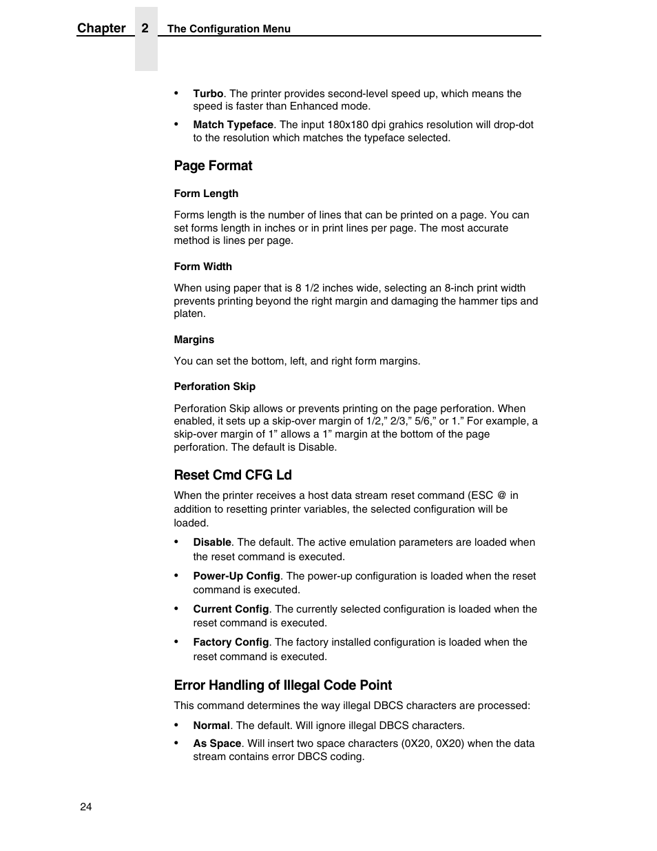 Page format, Reset cmd cfg ld, Error handling of illegal code point | Printronix P7000 H-Series User Manual | Page 24 / 102