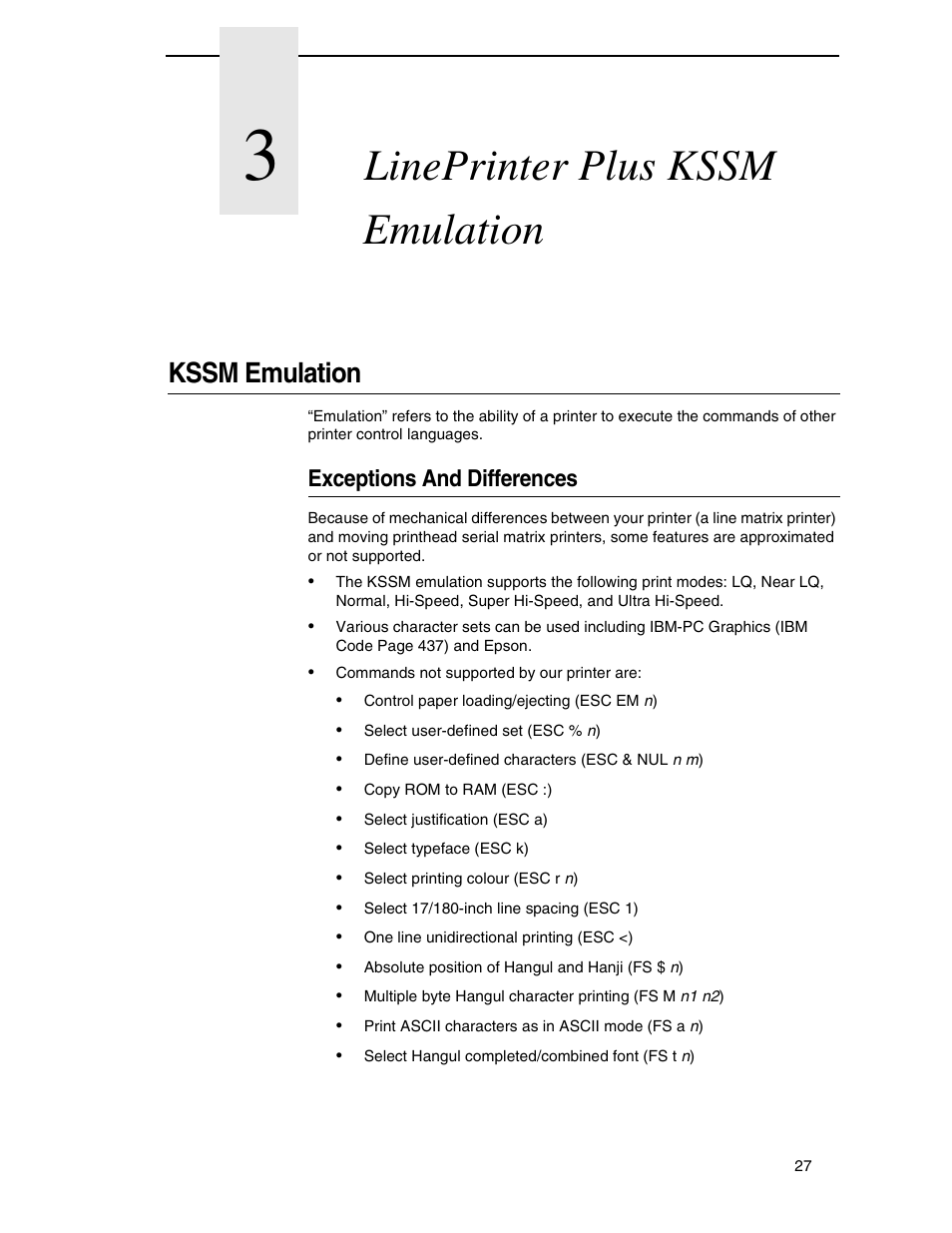 3 lineprinter plus kssm emulation, Kssm emulation, Exceptions and differences | Lineprinter plus kssm emulation | Printronix P7000 H-Series User Manual | Page 27 / 102