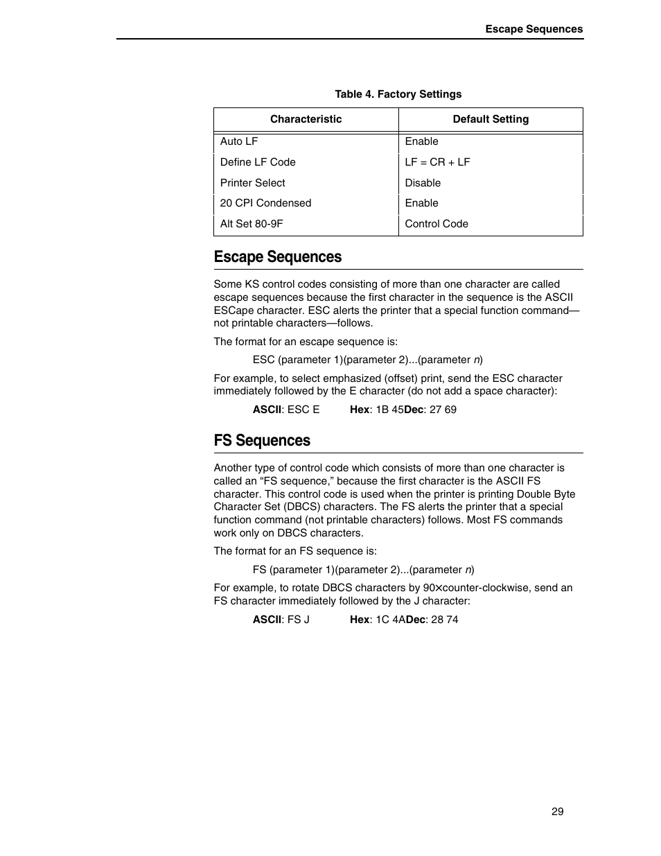 Escape sequences, Fs sequences | Printronix P7000 H-Series User Manual | Page 29 / 102