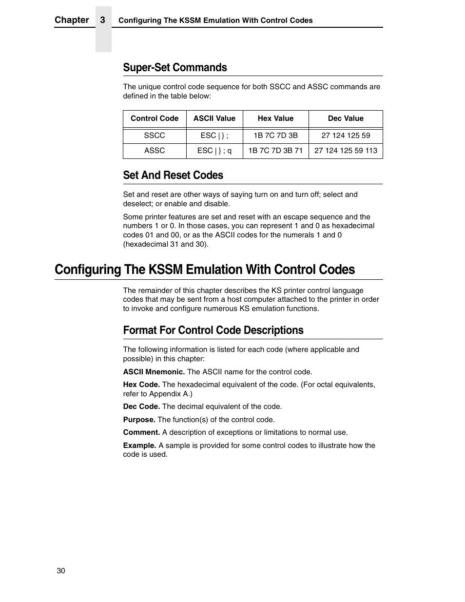 Super-set commands, Set and reset codes, Configuring the kssm emulation with control codes | Format for control code descriptions | Printronix P7000 H-Series User Manual | Page 30 / 102