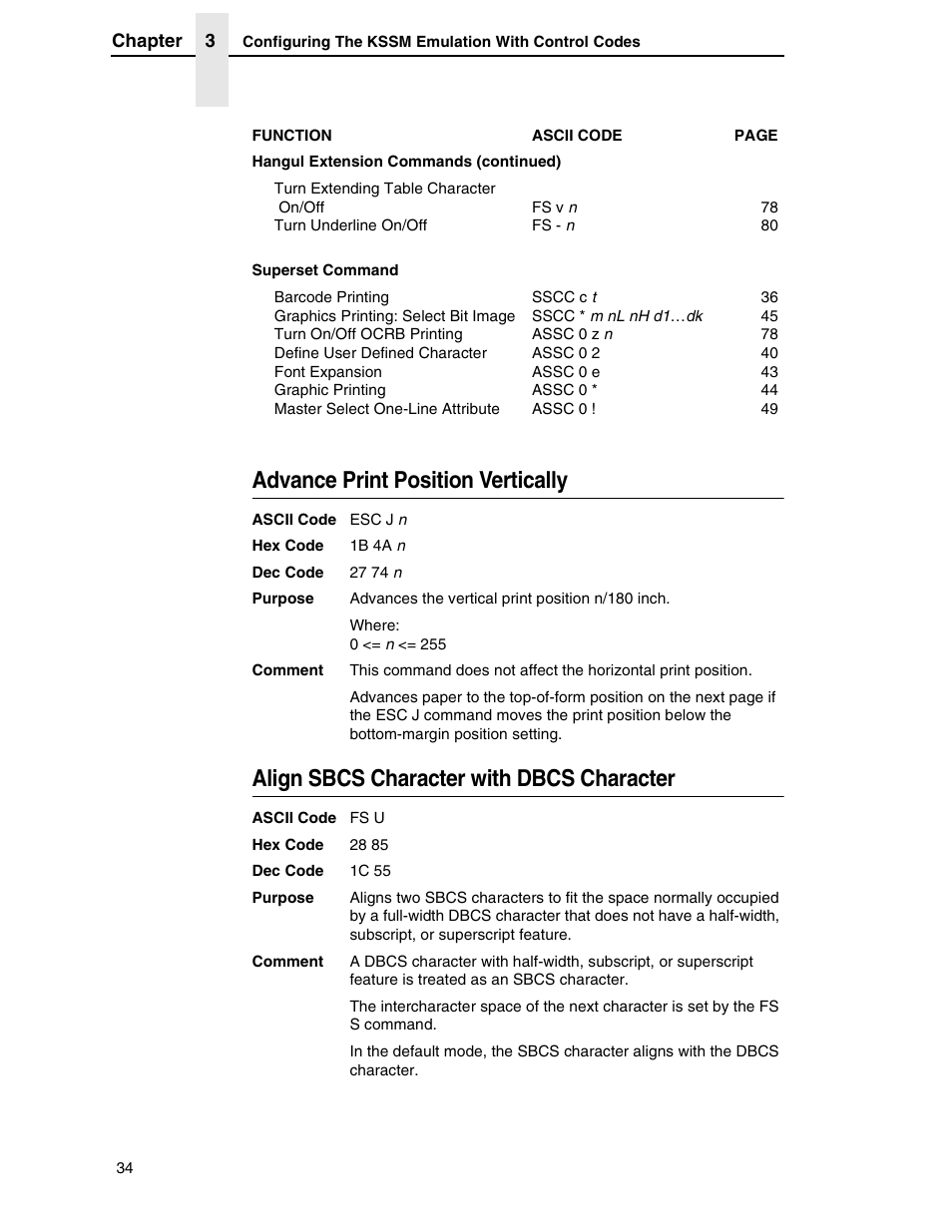 Advance print position vertically, Align sbcs character with dbcs character | Printronix P7000 H-Series User Manual | Page 34 / 102