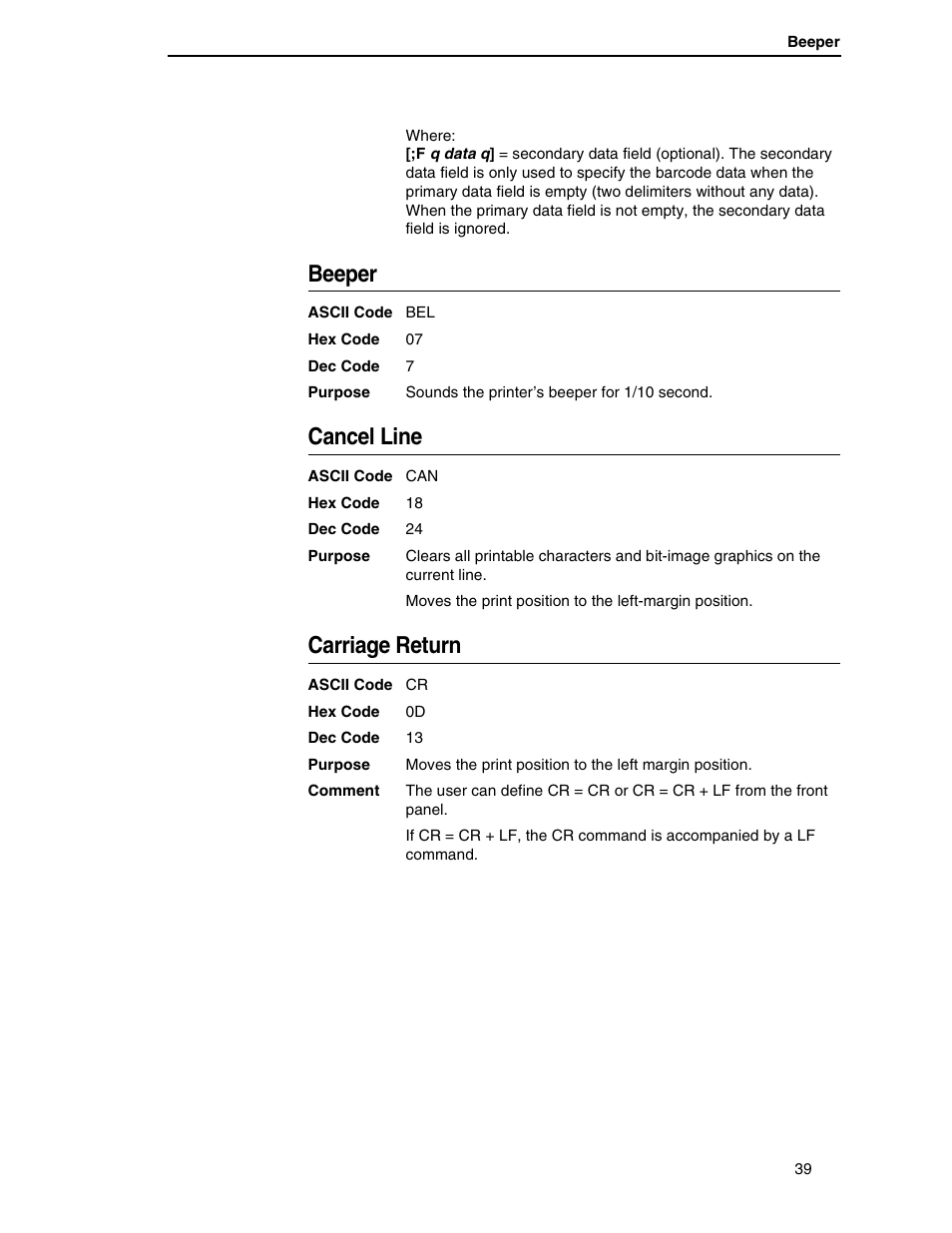 Beeper, Cancel line, Carriage return | Printronix P7000 H-Series User Manual | Page 39 / 102