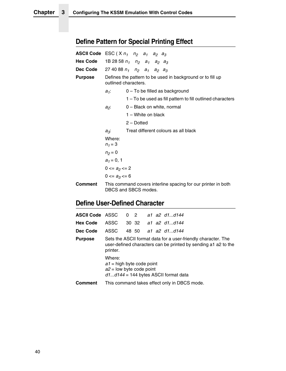 Define pattern for special printing effect, Define user-defined character, Chapter 3 | Printronix P7000 H-Series User Manual | Page 40 / 102