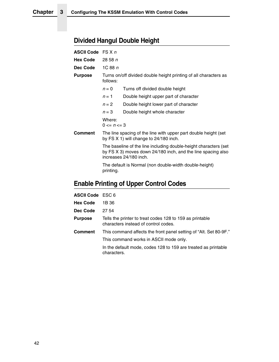 Divided hangul double height, Enable printing of upper control codes | Printronix P7000 H-Series User Manual | Page 42 / 102