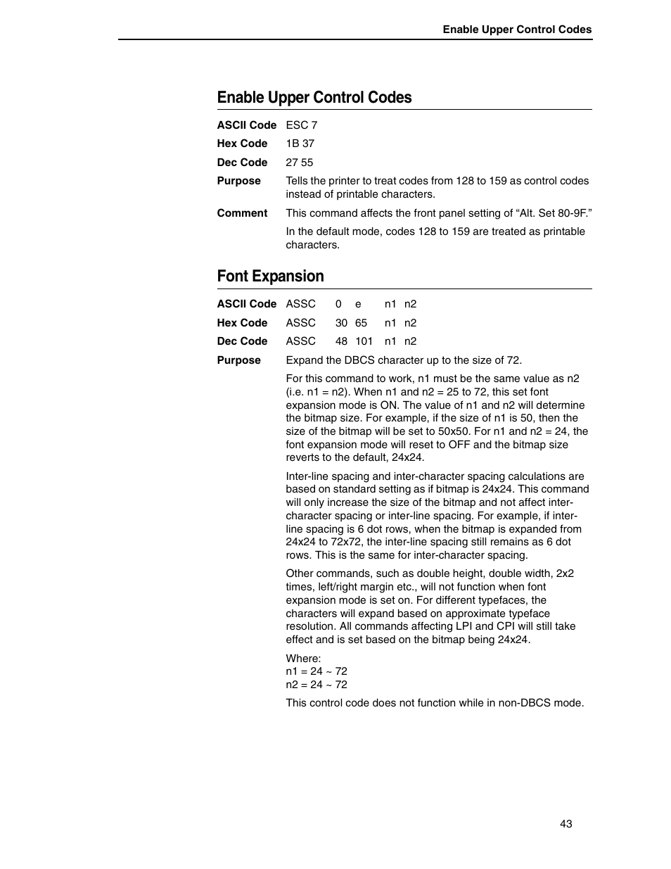 Enable upper control codes, Font expansion | Printronix P7000 H-Series User Manual | Page 43 / 102