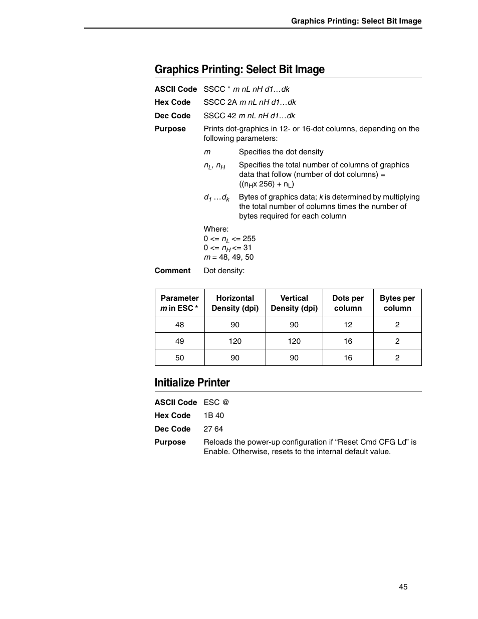 Graphics printing: select bit image, Initialize printer | Printronix P7000 H-Series User Manual | Page 45 / 102