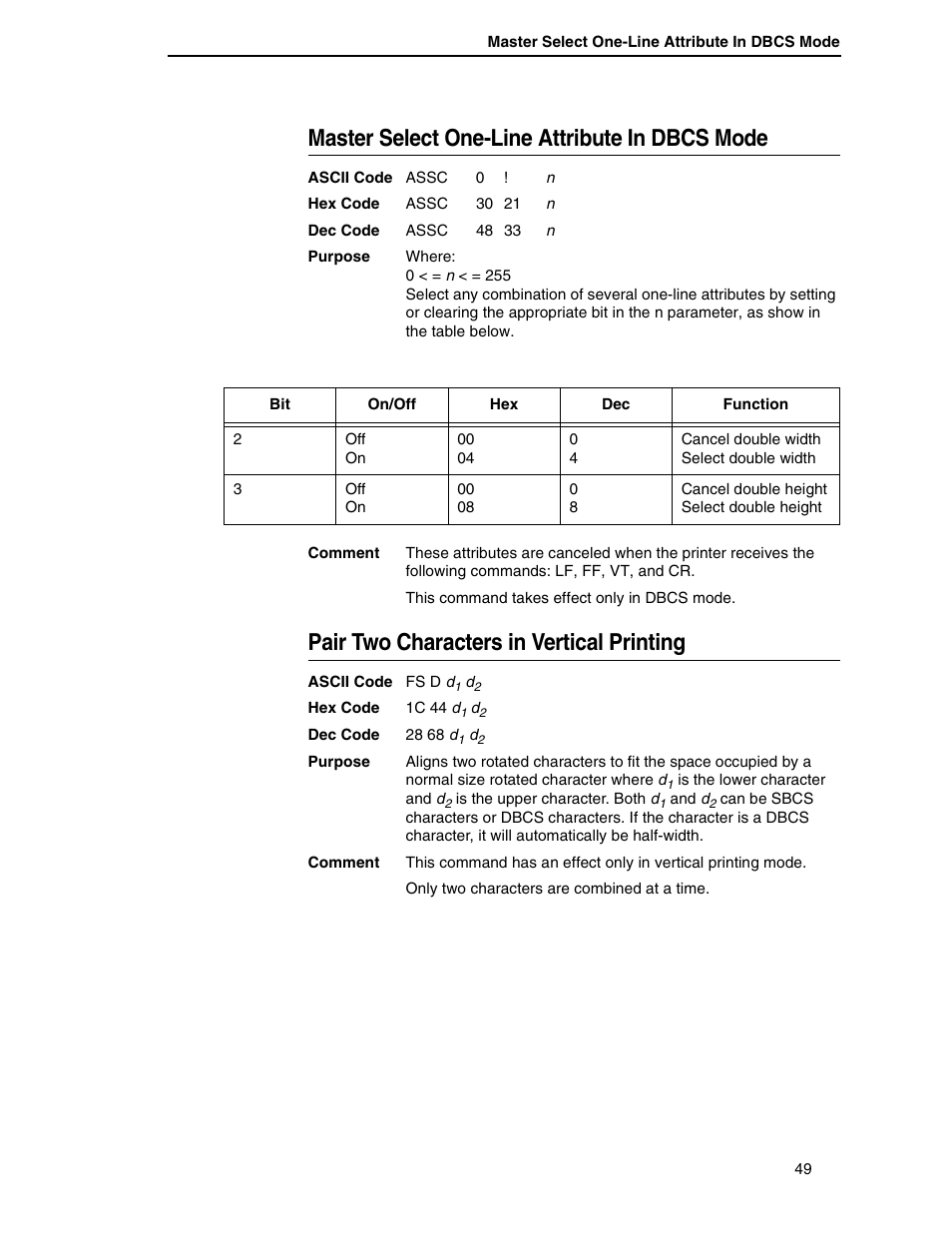 Master select one-line attribute in dbcs mode, Pair two characters in vertical printing | Printronix P7000 H-Series User Manual | Page 49 / 102