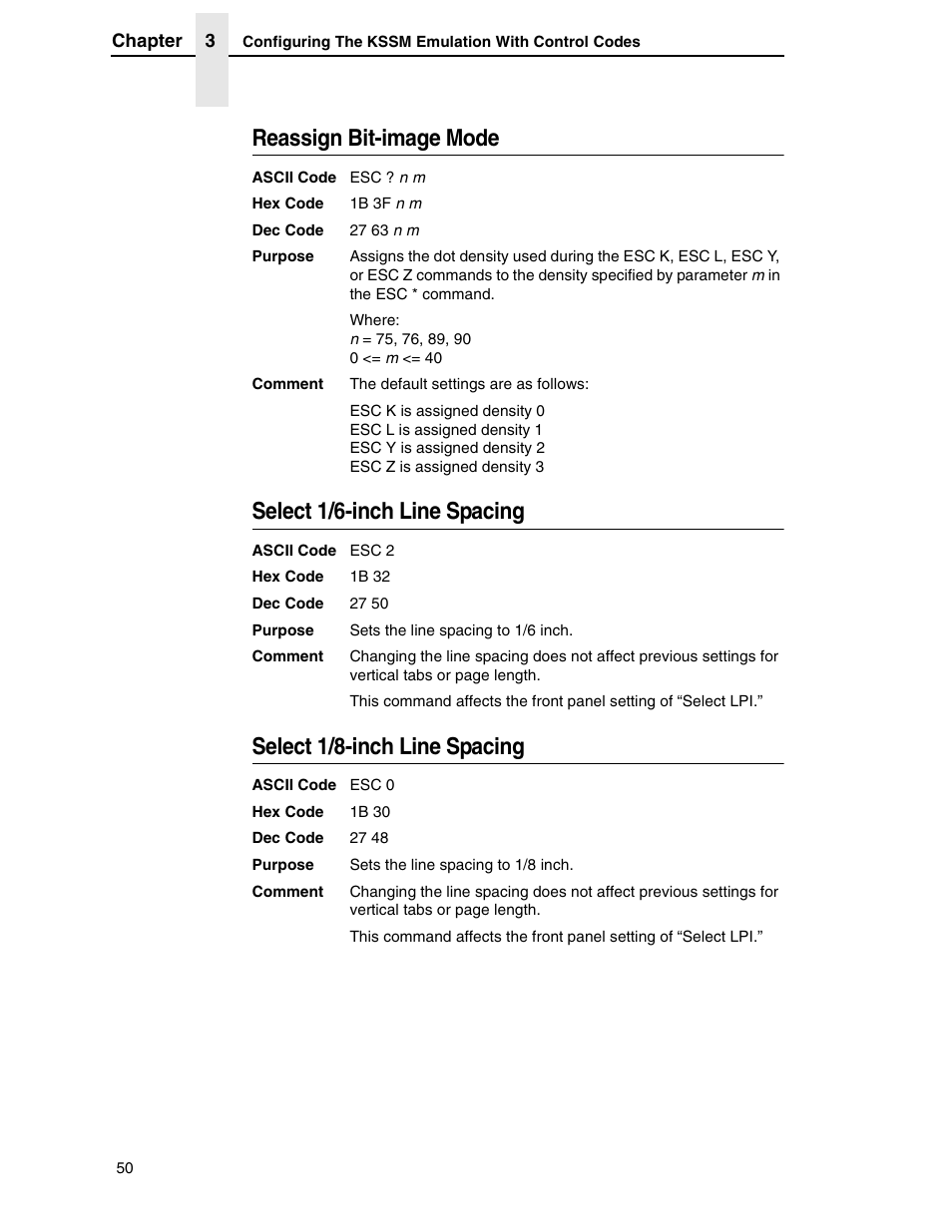 Reassign bit-image mode, Select 1/6-inch line spacing, Select 1/8-inch line spacing | Printronix P7000 H-Series User Manual | Page 50 / 102